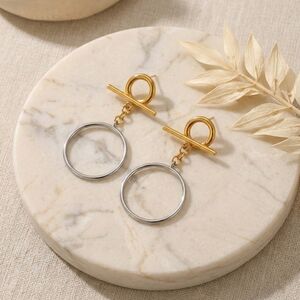 18k Gold Plated Stainless Steel Two Tone Convertible Toggle Hoop Drop Earrings